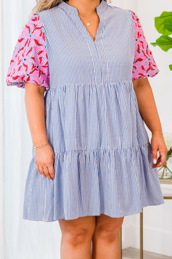 Chic Soul plus size clothing, short sleeve blue pin striped collared dress with v-neckline and red floral puffed sleeves