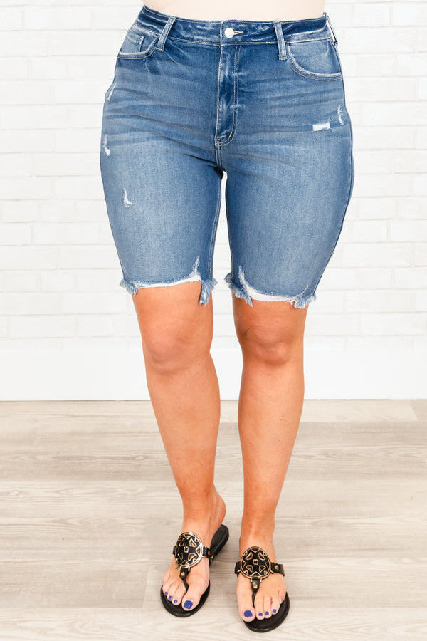 Chic Soul plus size clothing, light wash distressed denim shorts with frayed hemline