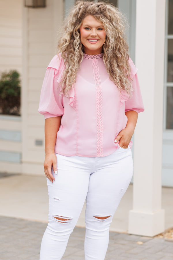 Chic Soul plus size clothing, light pink sheer blouse with ruffles and lace detailing