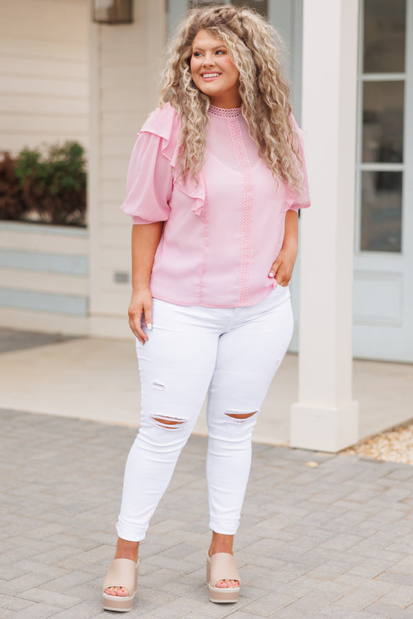Chic Soul plus size clothing, light pink sheer blouse with ruffles and lace detailing