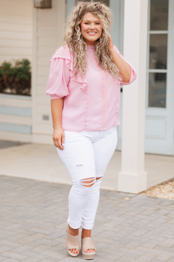 Chic Soul plus size clothing, light pink sheer blouse with ruffles and lace detailing