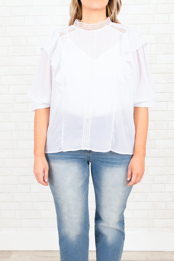 Chic Soul plus size clothing, white sheer top with lace detailing and ruffles