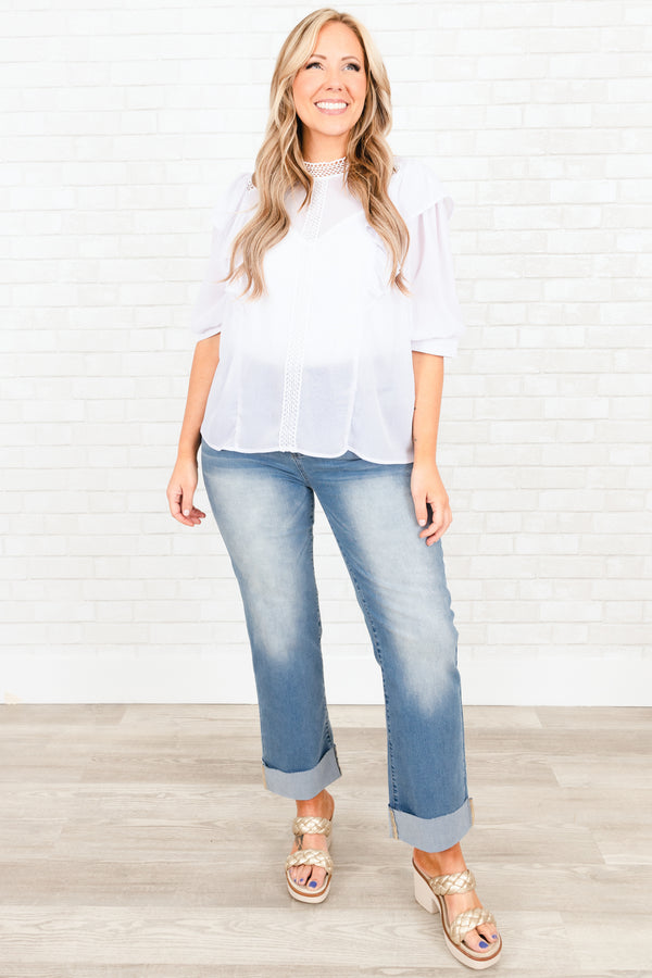 Chic Soul plus size clothing, white sheer top with lace detailing and ruffles