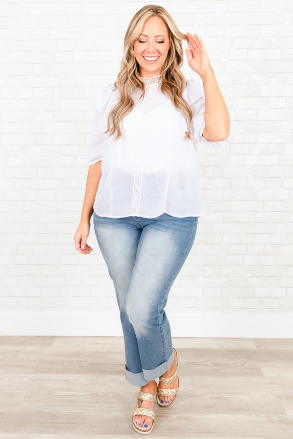 Chic Soul plus size clothing, white sheer top with lace detailing and ruffles