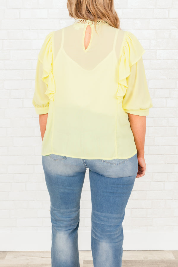 Chic Soul plus size clothing, yellow sheer top with ruffles and lace detailing