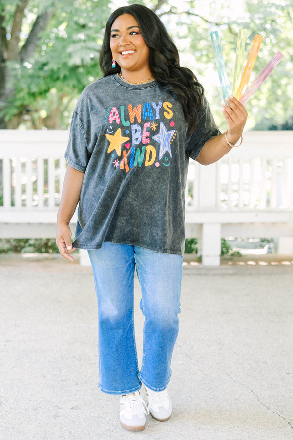 Plus size black acid wash relaxed tee with colorful 'Always Be Kind' graphic 