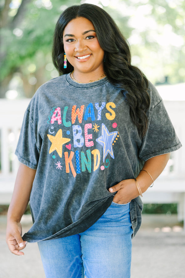 Plus size black acid wash relaxed tee with colorful 'Always Be Kind' graphic 