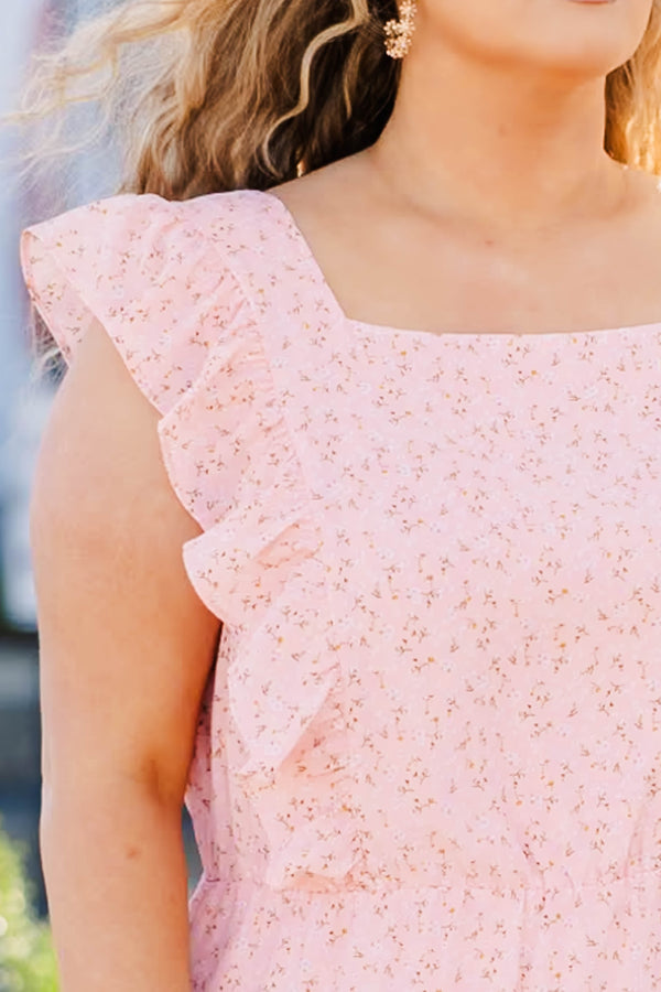 Chic Soul plus size clothing, pink midi dress with ruffle sleeves and floral print with ruffle detail at the bottom