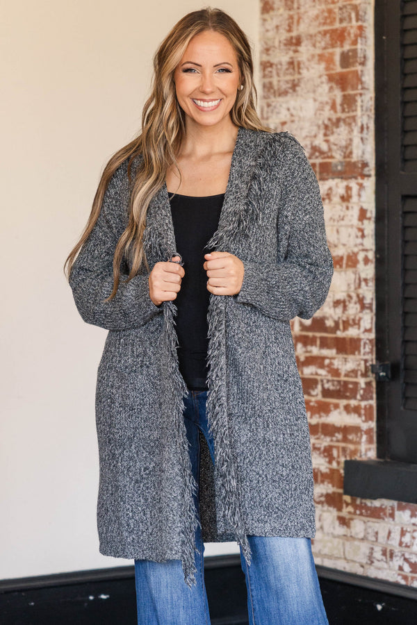 Chic Soul plus size clothing, heathered charcoal colored knee length cardigan with frayed detailing along the flaps of sweater, thicker material