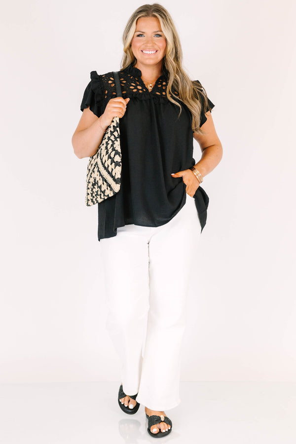 chic soul plus size clothing, black blouse with black lace detailing on the chest and flutter sleeves