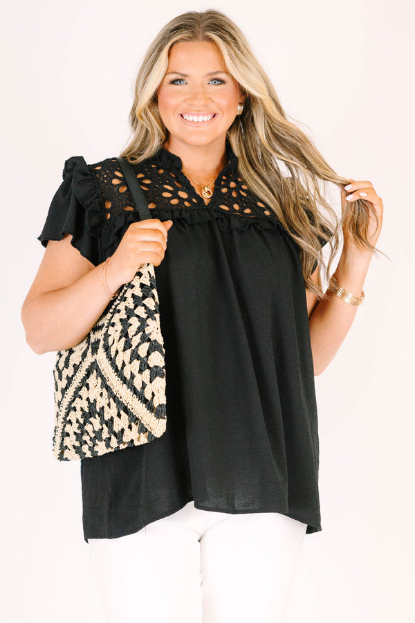 chic soul plus size clothing, black blouse with black lace detailing on the chest and flutter sleeves