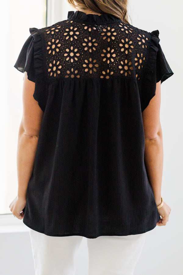 chic soul plus size clothing, black blouse with black lace detailing on the chest and flutter sleeves