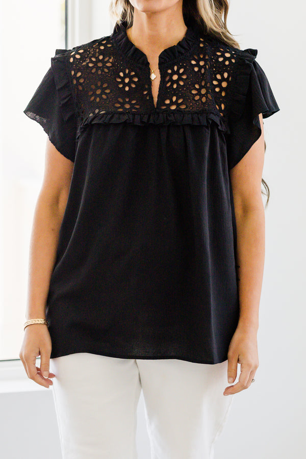 chic soul plus size clothing, black blouse with black lace detailing on the chest and flutter sleeves