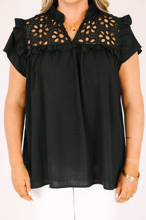 chic soul plus size clothing, black blouse with black lace detailing on the chest and flutter sleeves