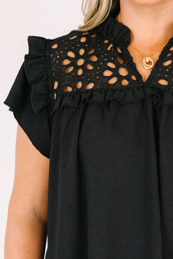 chic soul plus size clothing, black blouse with black lace detailing on the chest and flutter sleeves
