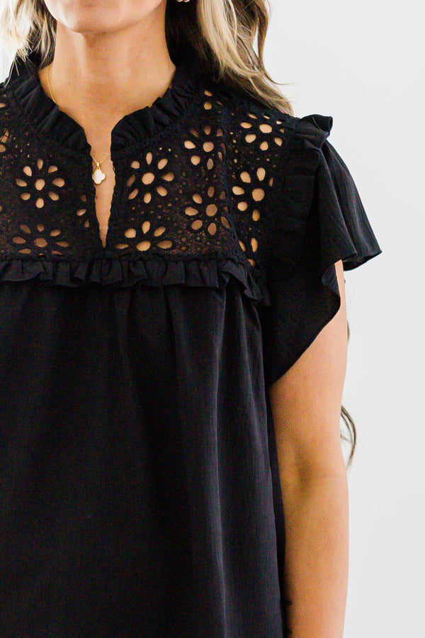 chic soul plus size clothing, black blouse with black lace detailing on the chest and flutter sleeves