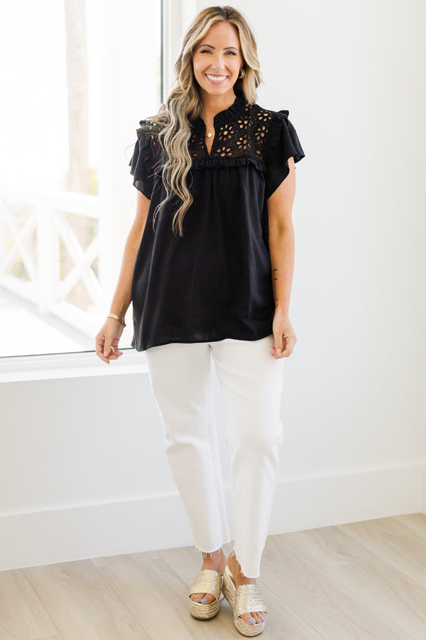 chic soul plus size clothing, black blouse with black lace detailing on the chest and flutter sleeves