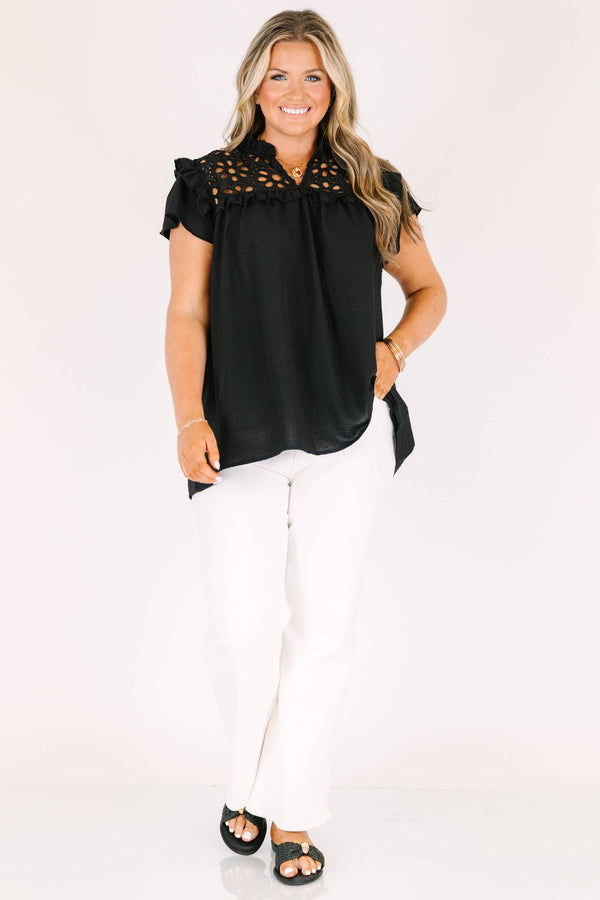 chic soul plus size clothing, black blouse with black lace detailing on the chest and flutter sleeves