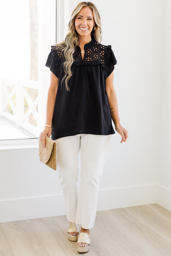 chic soul plus size clothing, black blouse with black lace detailing on the chest and flutter sleeves