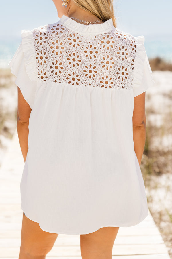 Plus Size off white top with floral lace contrast, flutter sleeves, and a ruffled neckline.