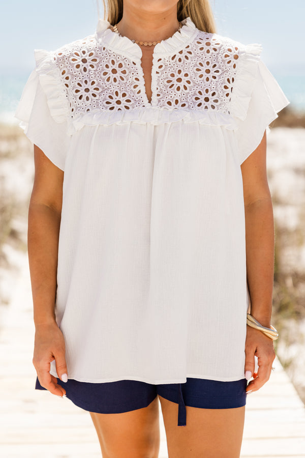 Plus Size off white top with floral lace contrast, flutter sleeves, and a ruffled neckline.