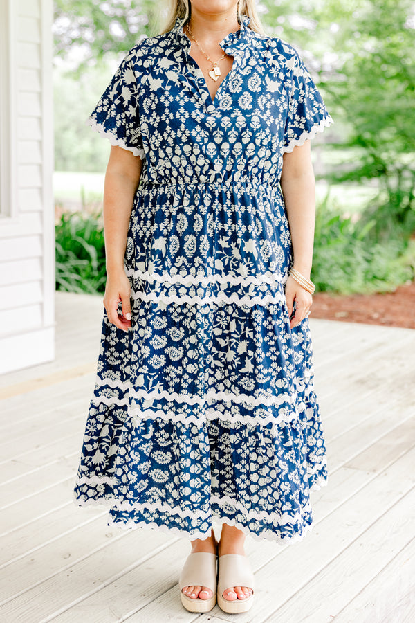 Chic Soul plus size clothing, navy blue short sleeve shallow v-neck tiered patchwork midi dress including white paisley and floral patterns plus white ric rac trim