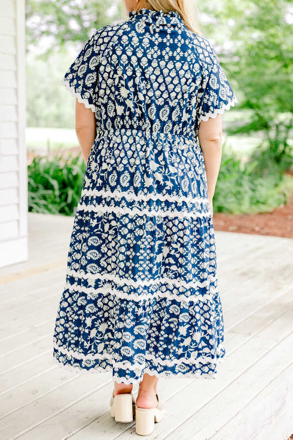 Chic Soul plus size clothing, navy blue short sleeve shallow v-neck tiered patchwork midi dress including white paisley and floral patterns plus white ric rac trim