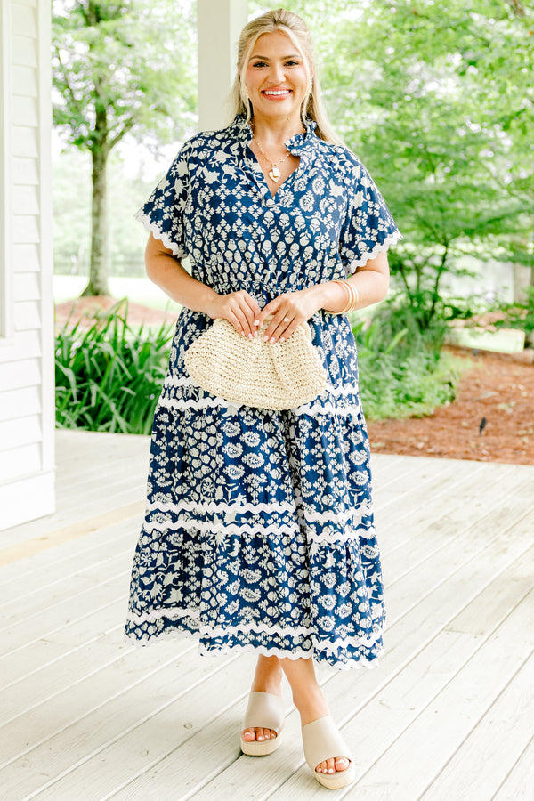 Chic Soul plus size clothing, navy blue short sleeve shallow v-neck tiered patchwork midi dress including white paisley and floral patterns plus white ric rac trim