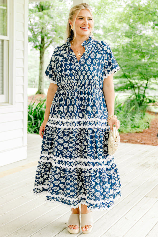 Chic Soul plus size clothing, navy blue short sleeve shallow v-neck tiered patchwork midi dress including white paisley and floral patterns plus white ric rac trim