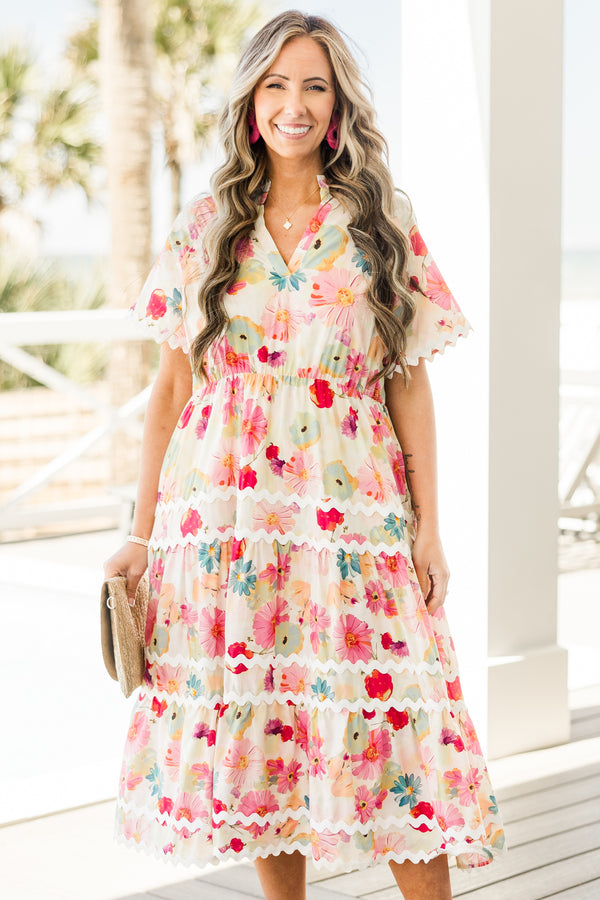 Chic Soul plus size clothing, pink and blue floral midi dress with white ric rac trim