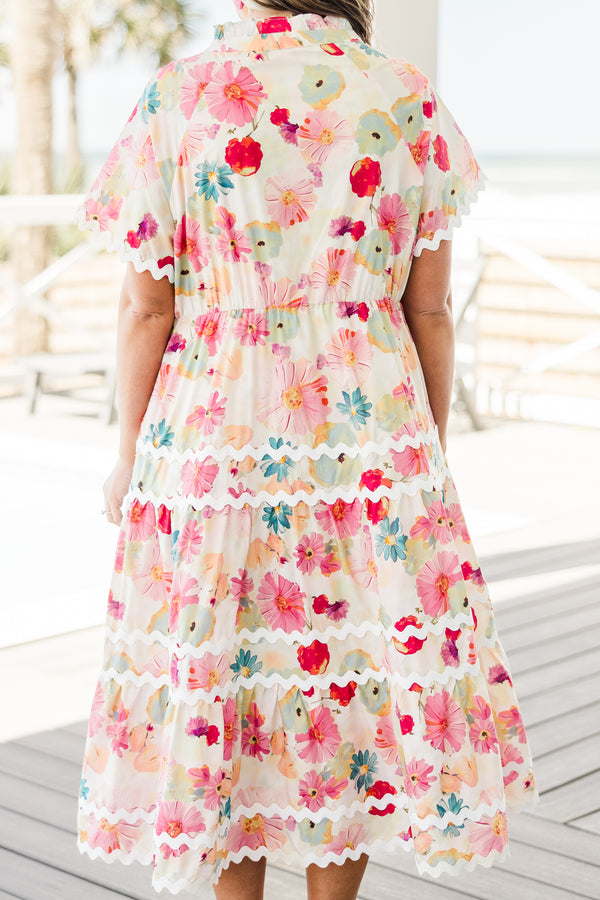 Chic Soul plus size clothing, pink and blue floral midi dress with white ric rac trim