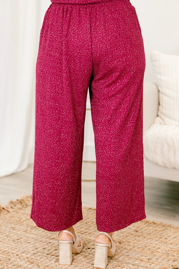 Chic Soul plus size clothing, magenta wide leg cropped shimmer pants with side pockets and stretchy waistband with small leopard pattern
