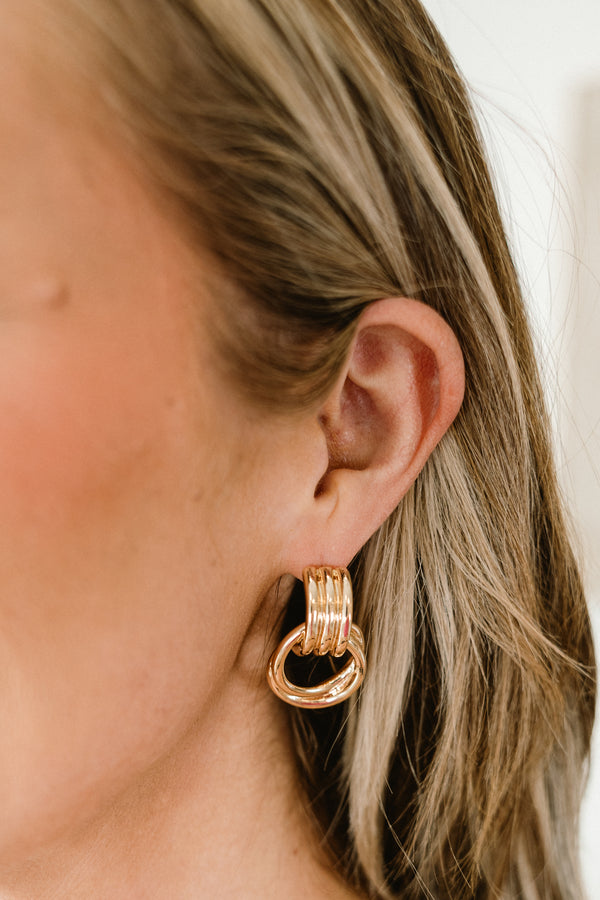 Chic Soul plus size clothing, two grooved gold circles interlocked dangly earrings 