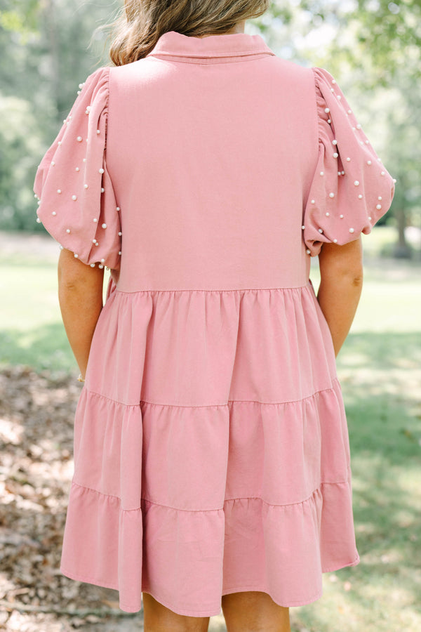 Plus Size pink tiered shirt dress with pearl-embellished puff sleeves and a collared button-up front.