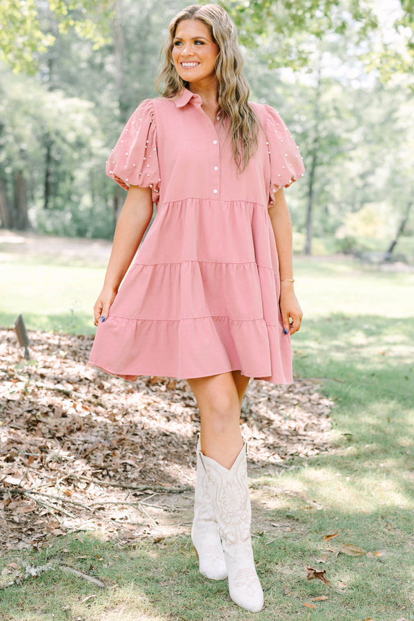 Plus Size pink tiered shirt dress with pearl-embellished puff sleeves and a collared button-up front.