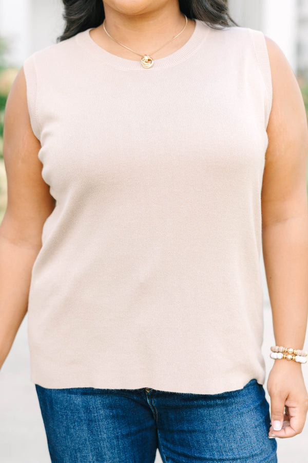 Plus Size taupe knit tank top with a crew neckline and sleeveless design 