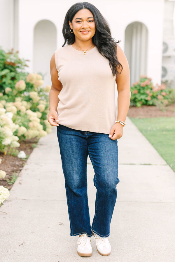 Plus Size taupe knit tank top with a crew neckline and sleeveless design 
