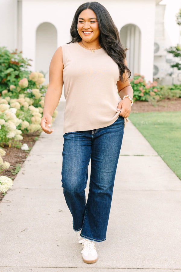Plus Size taupe knit tank top with a crew neckline and sleeveless design 