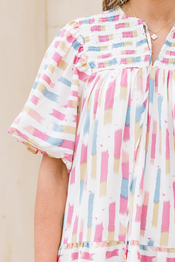 Chic Soul plus size clothing, cream pink short sleeve mini dress with abstract print with puff sleeves and v cutout along neckline