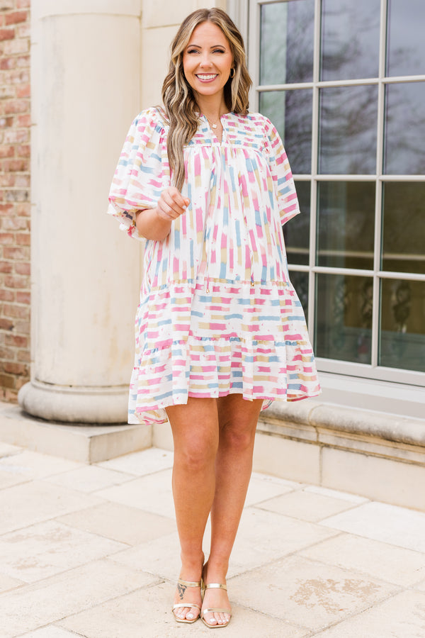 Chic Soul plus size clothing, cream pink short sleeve mini dress with abstract print with puff sleeves and v cutout along neckline