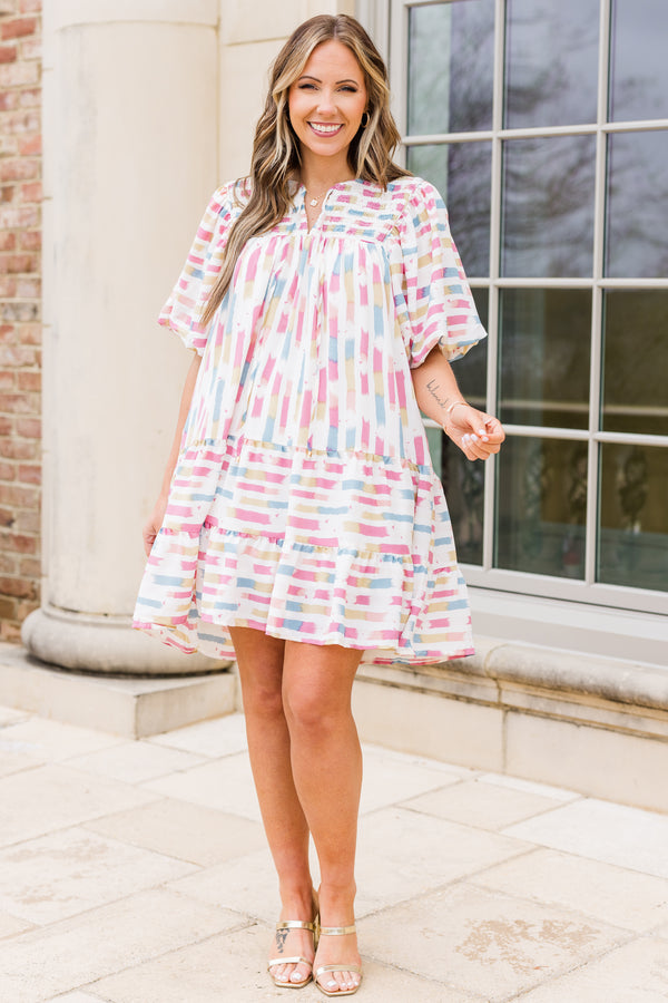 Chic Soul plus size clothing, cream pink short sleeve mini dress with abstract print with puff sleeves and v cutout along neckline