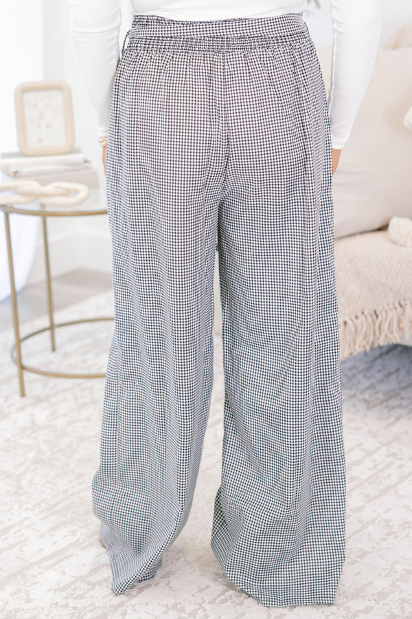 Chic Soul plus size clothing, white and black small grid gingham wide leg pants with belt loops and tie around waistband