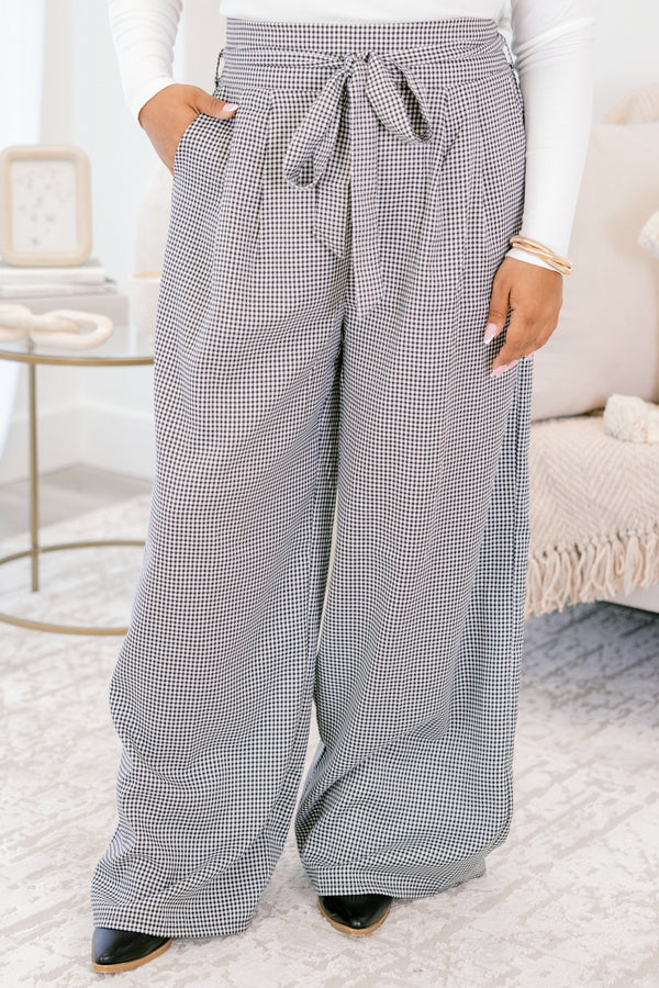 Chic Soul plus size clothing, white and black small grid gingham wide leg pants with belt loops and tie around waistband