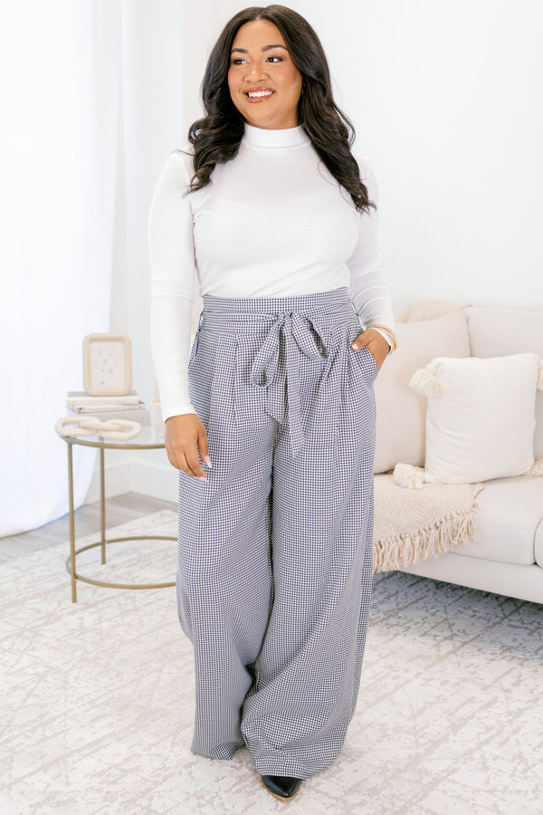 Chic Soul plus size clothing, white and black small grid gingham wide leg pants with belt loops and tie around waistband