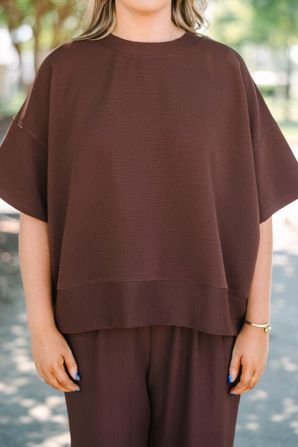 Plus Size chocolate brown ribbed two-piece set with a short sleeve top and wide-leg pants.