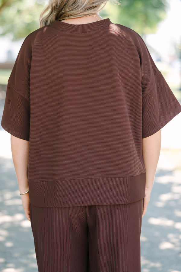 Plus Size chocolate brown ribbed two-piece set with a short sleeve top and wide-leg pants.