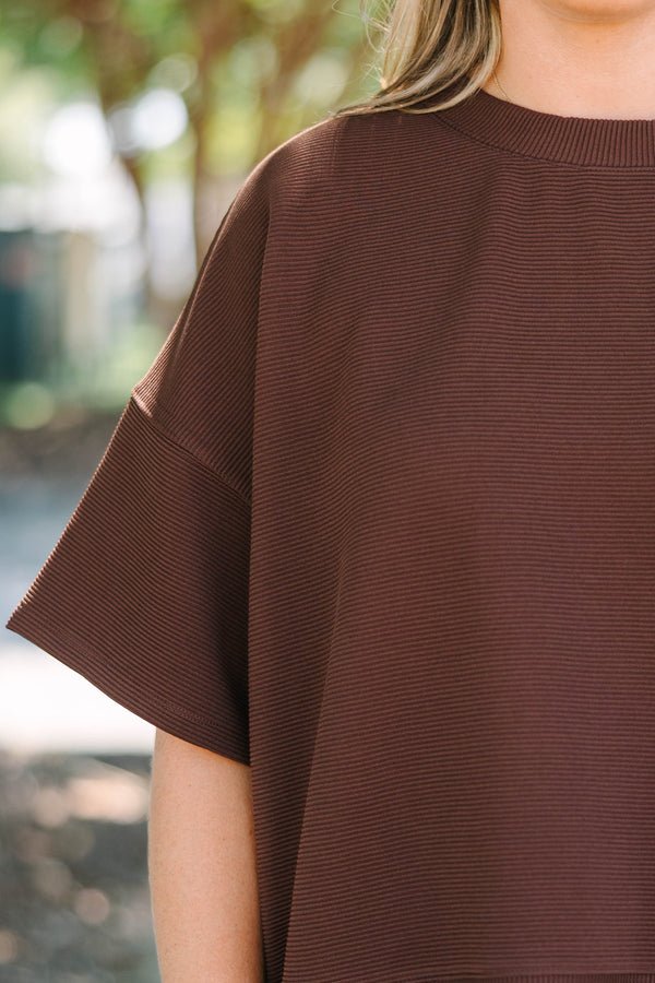 Plus Size chocolate brown ribbed two-piece set with a short sleeve top and wide-leg pants.