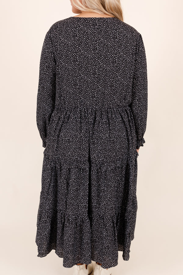Chic Soul plus size clothing, midi length long sleeve black dress with layered ruffles and v neckline and micro polka dot detailing