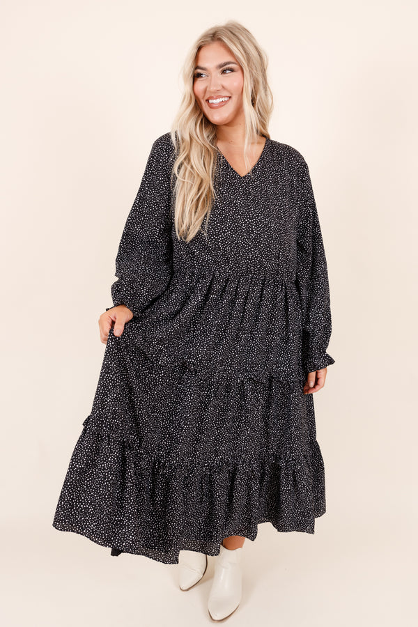 Chic Soul plus size clothing, midi length long sleeve black dress with layered ruffles and v neckline and micro polka dot detailing