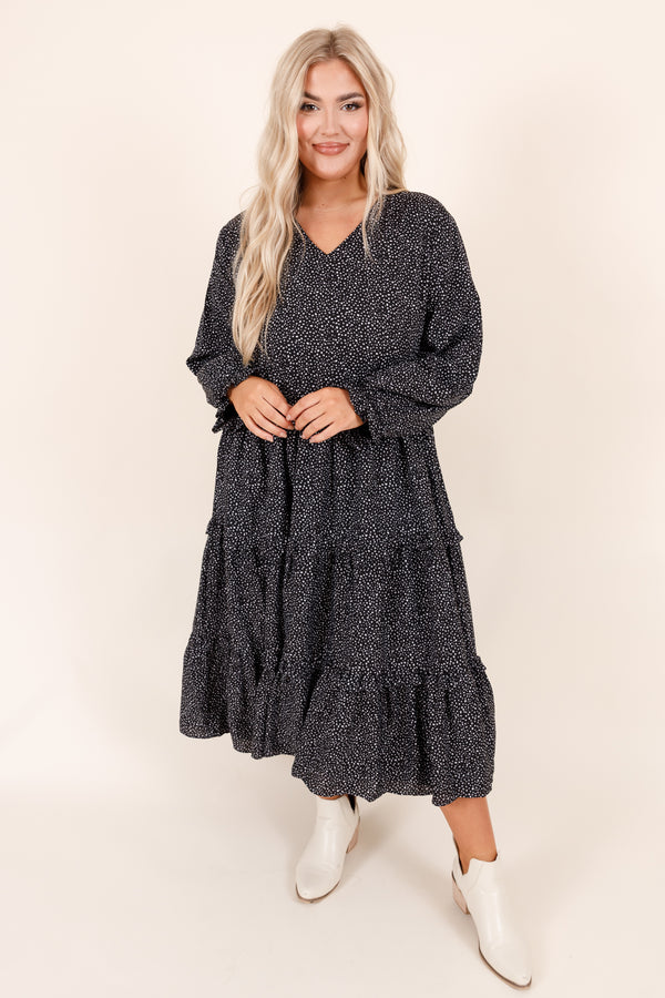 Chic Soul plus size clothing, midi length long sleeve black dress with layered ruffles and v neckline and micro polka dot detailing
